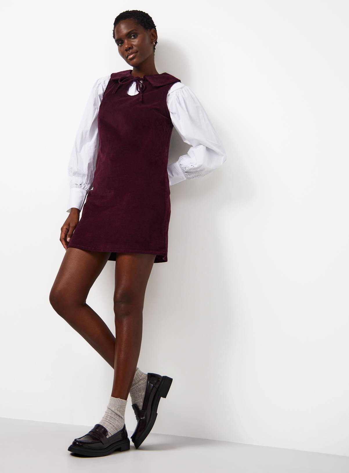 Burgundy Tie-Collar Corduroy Pinafore Dress 10 - Image 1